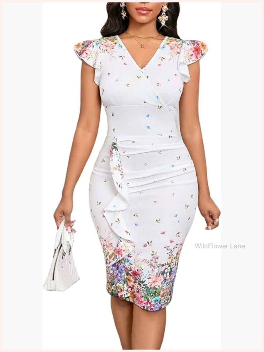 V Neck Ruffled Sleeve Bodycon Midi Dress Ruched Waist